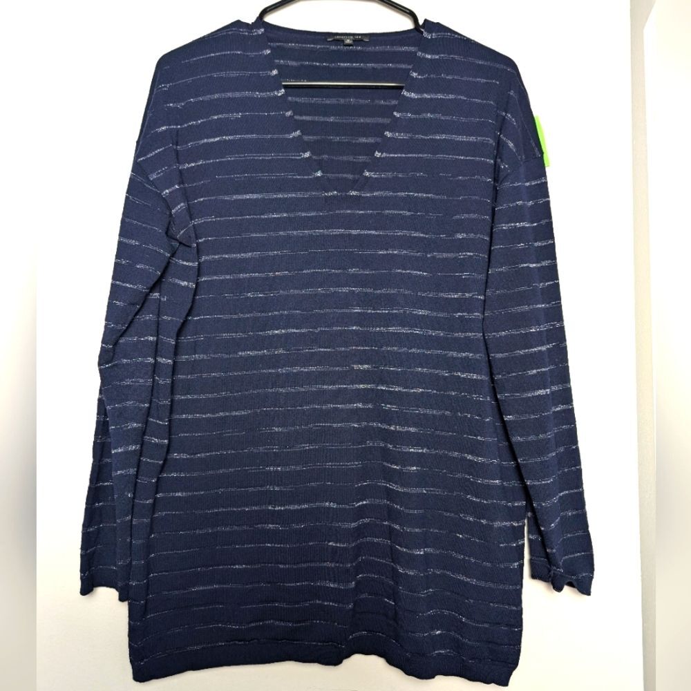 Lafayette 148 tunic sweater Navy metallic stripe v neck sz M